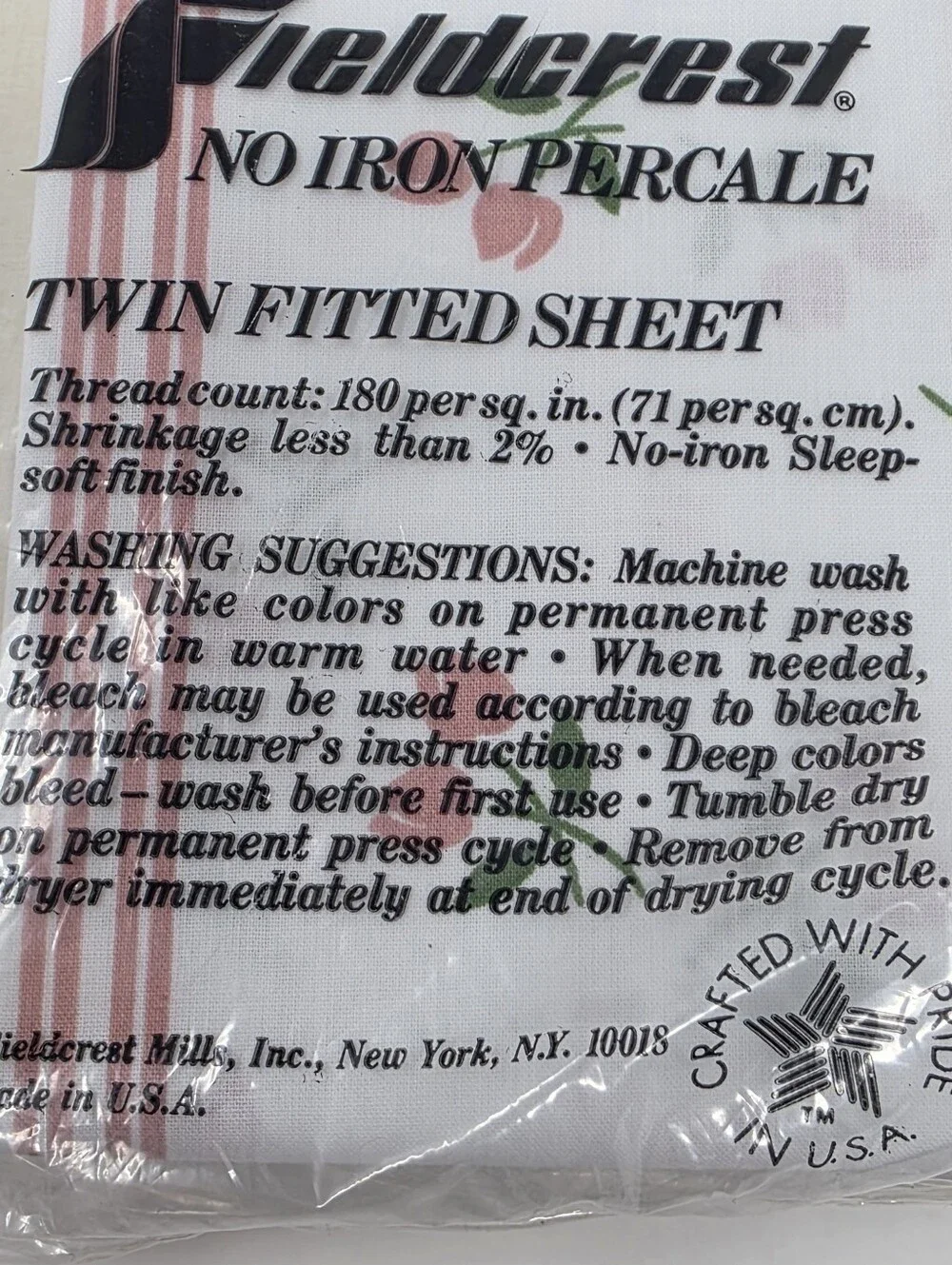 Fieldcrest No Iron Percale Twin Fitted Sheet White Cottagecore Pink Tulip New